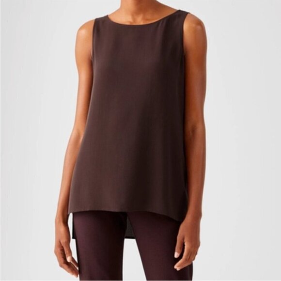 Eileen Fisher Brown Georgette Crepe Ballet Neck 100% Silk Long Tank Size XS - Picture 1 of 7